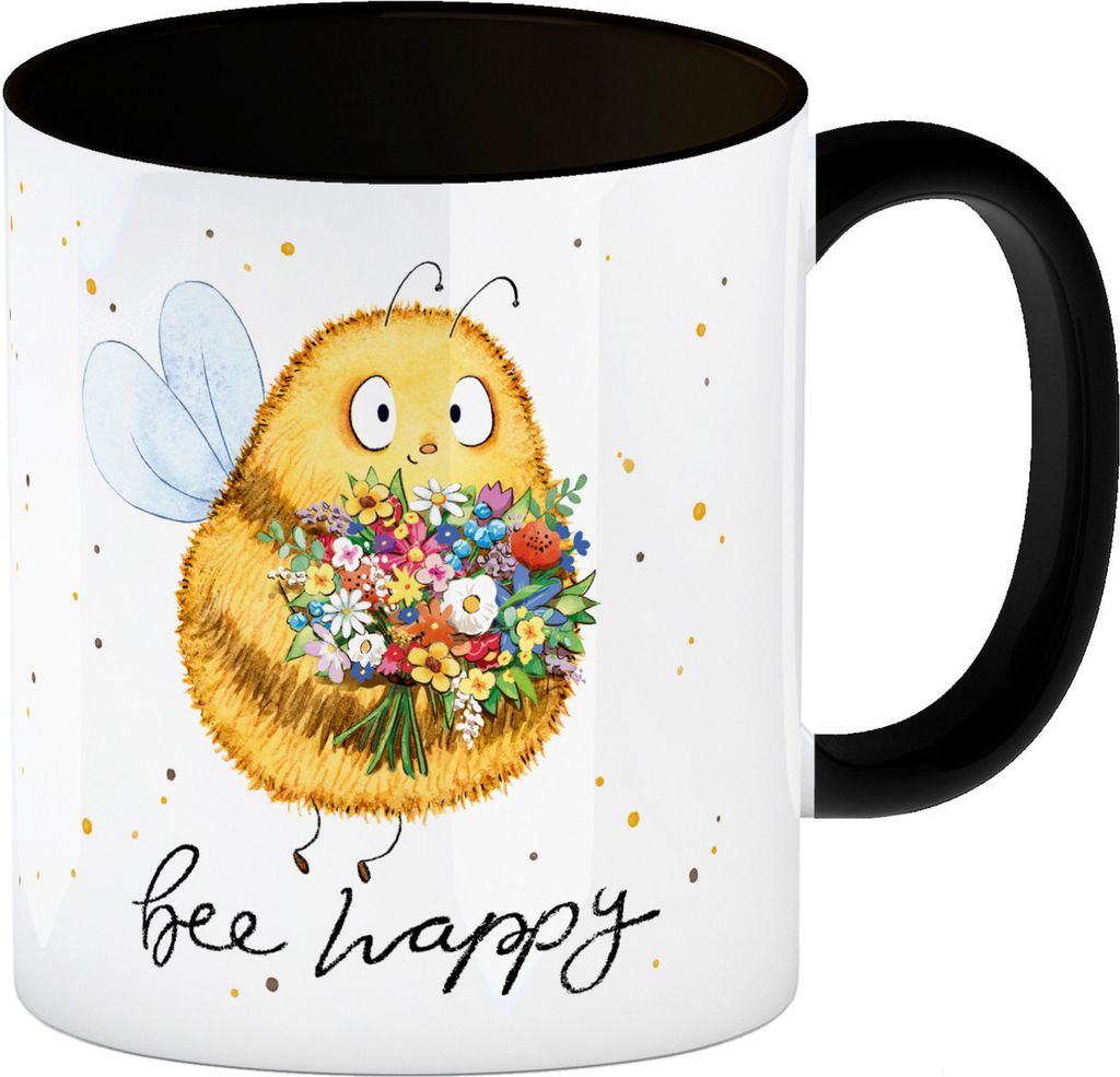 Pummel Biene Kaffeebecher in schwarz mit Spruch Bee happy