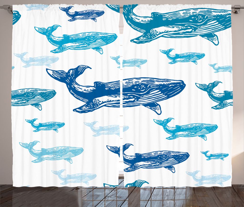 ABAKUHAUS Wal Rustikaler Gardine, Ozean Tiere Bunte, Schlafzimmer Kräuselband Vorhang mit Schlaufen und Haken, 280 x 175 cm, Blau Weiss