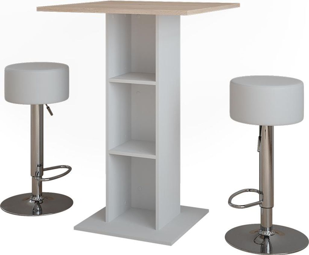 Bartisch-Set Vicco Repose Weiß/Sonoma 75 x 75 cm mit 2 Barhockern, Model 55728