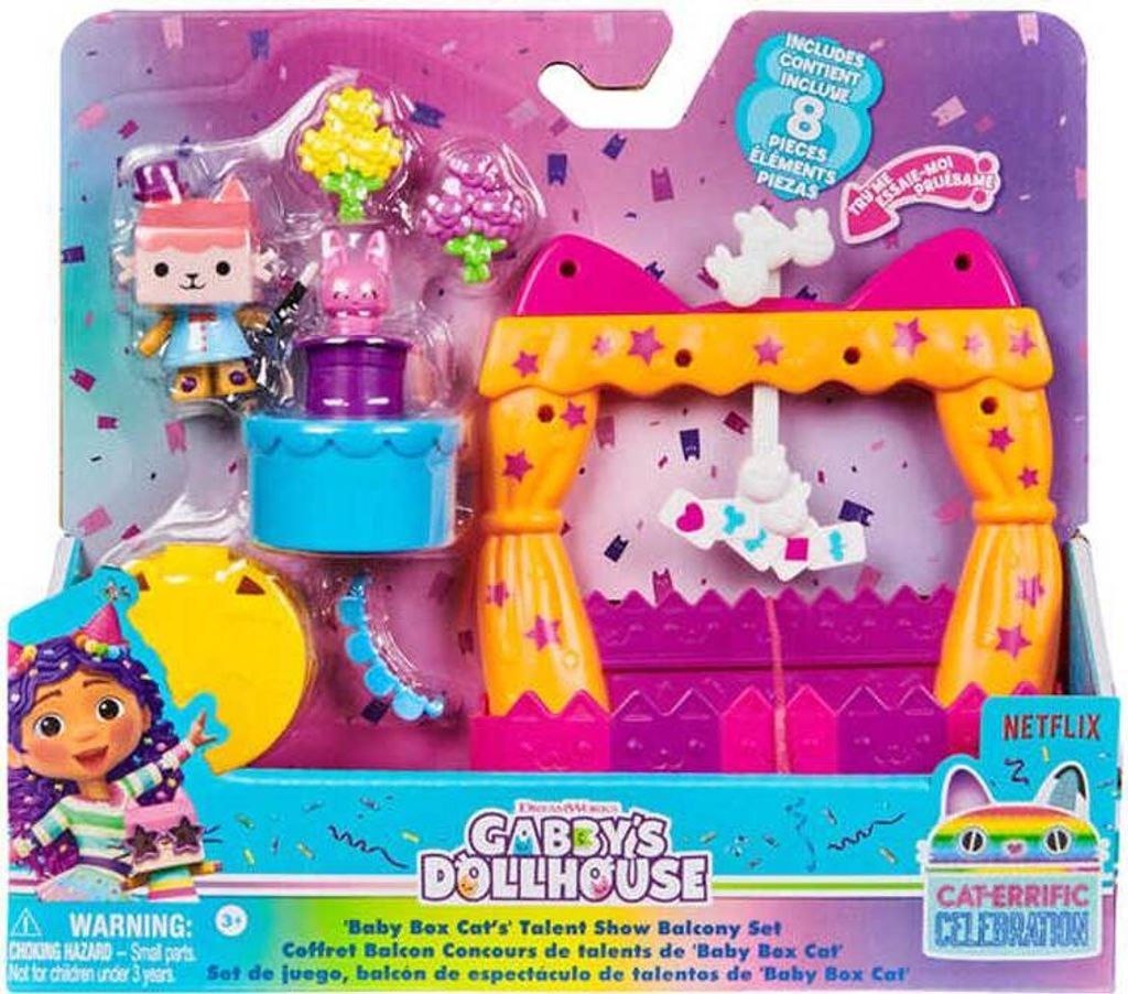 The image shows the packaging of a Gabby's Dollhouse toy set, featuring a balcony stage with accessories and figures.
