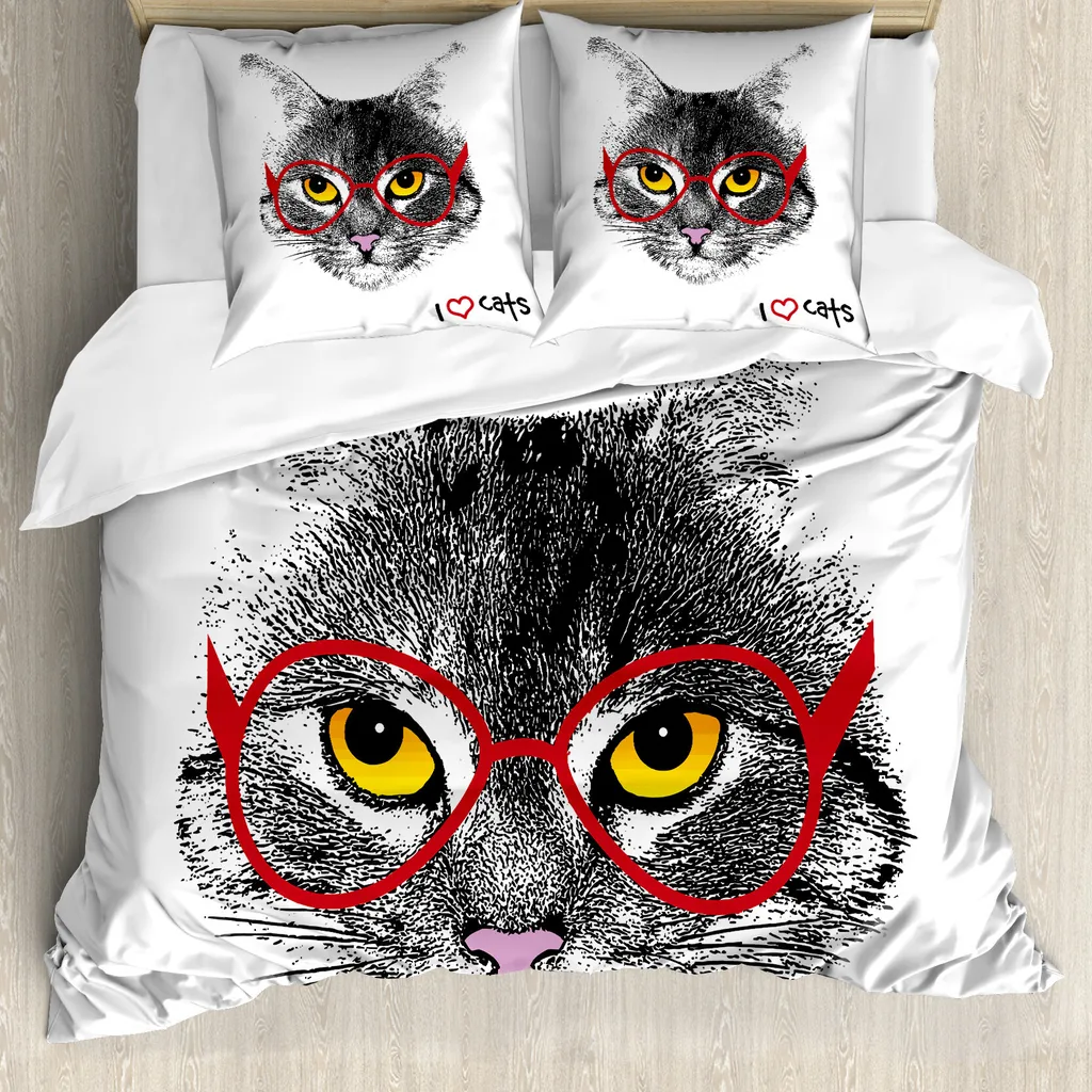 Sacco Copripiumino ABAKUHAUS Antiacaro - Gatto Nerd 155x220 cm + Federa