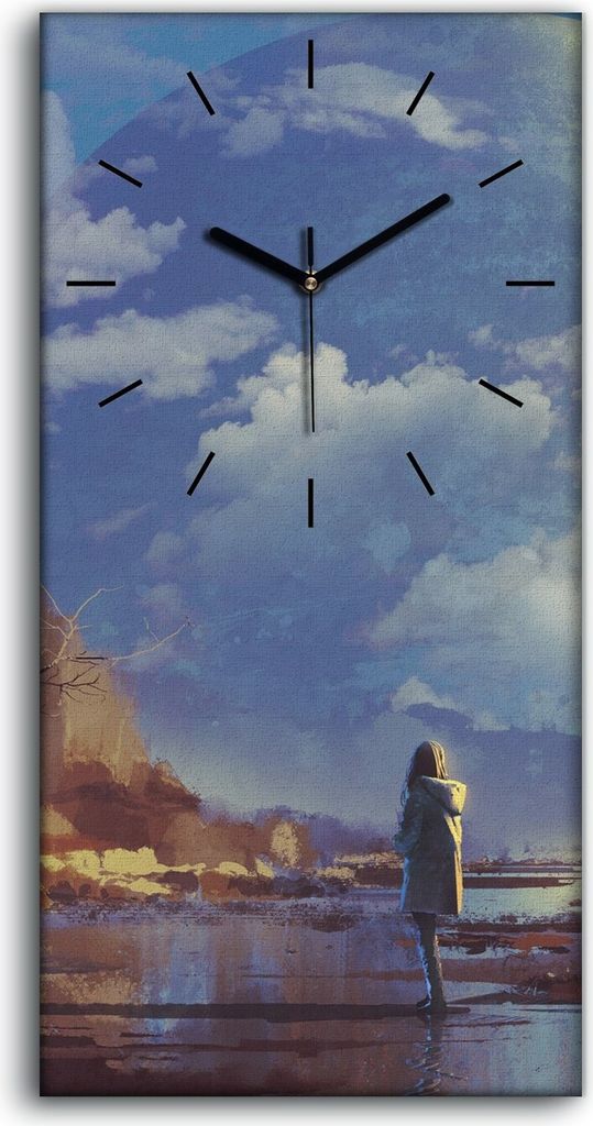 Dekor Leinwand Uhr Wandbilder Geräuschlos 30x60 Foto einsamen Frau Mond Erde - schwarze Hände