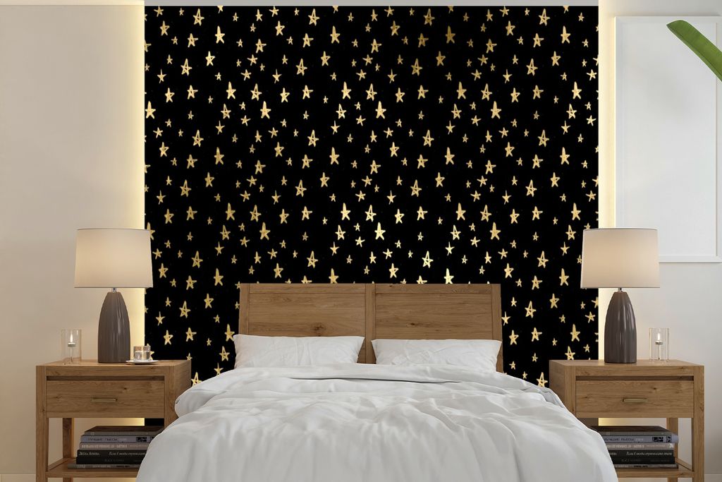 MuchoWow Fototapete für Wohnzimmer oder Schlafzimmer Wandtapete Vinyl Motivtapete Muster - Sterne - Gold - 220x220 cm - Tapeten