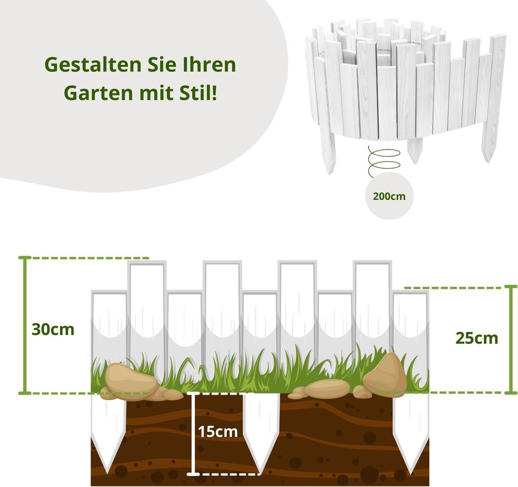 Floranica Beeteinfassung Rasenkante Holz Rollzaun Holzzaun 200 x 30 cm Weiß imprägniert Flexible Rollborder Palisade Gartenzaun