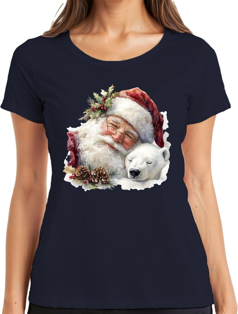 Weihnachtsmann Eisbär Tannenzapfen Weihnachten Aquarell Vintage Damen T-Shirt, Navy, 3XL