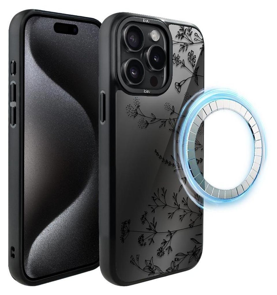 Schutzhülle für das iPhone 15 Pro, MagSafe-kompatibel, mattschwarze Seiten, kleine Blumen