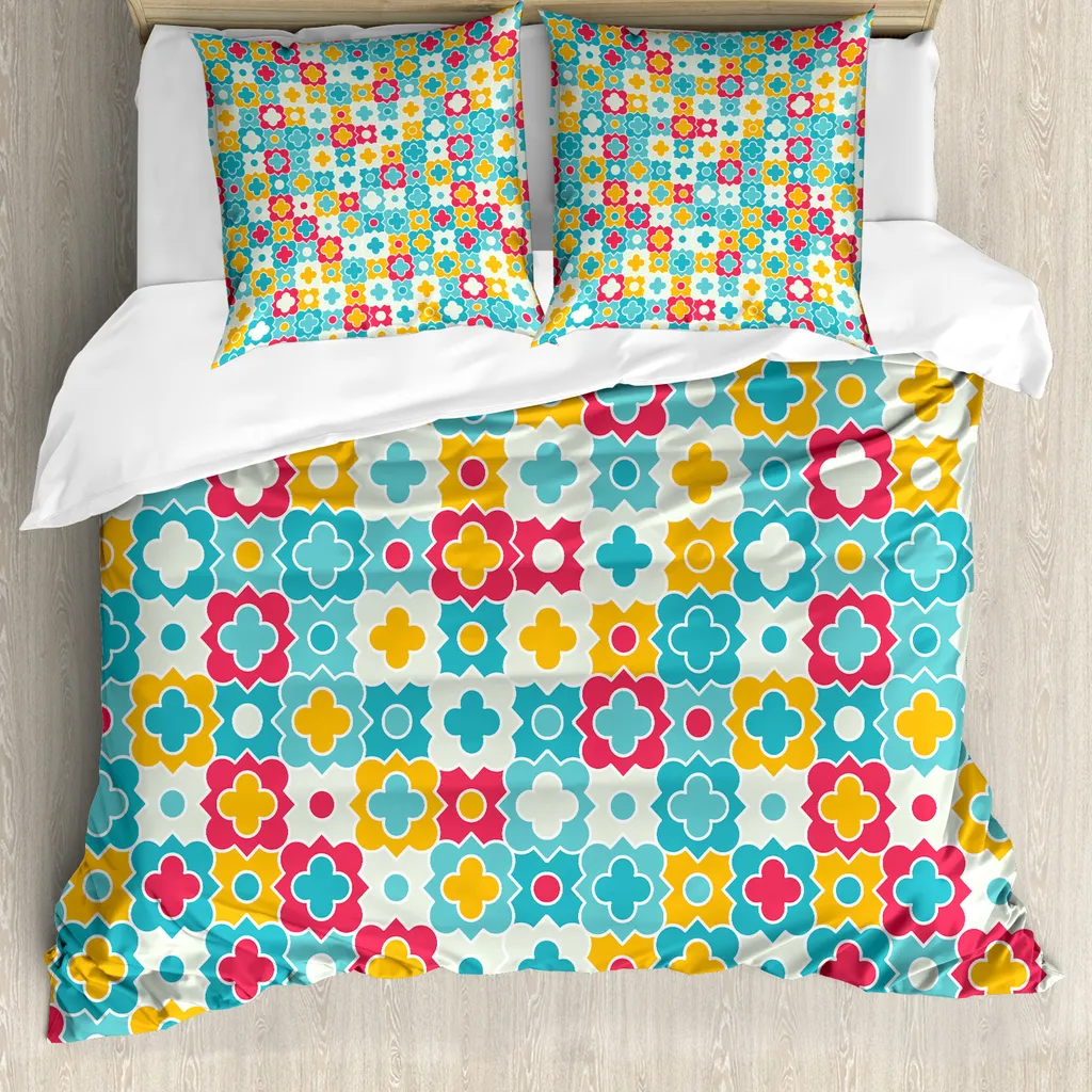 ABAKUHAUS Quatrefoil Copripiumino, Clover Vivid Ki, antiacaro, adatto a chi soffre di allergie, con federe, 200 cm x 200 cm - 80 x 80 cm, rosso turchese giallo