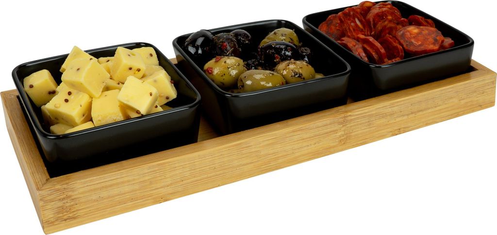 Krumble Tapasschalen auf Holzbrett - Snackschale - Tapasbrett - Keramikschalen - Snackschale - 3 Stück - Servierschale - Tapasschalen - Schwarz
