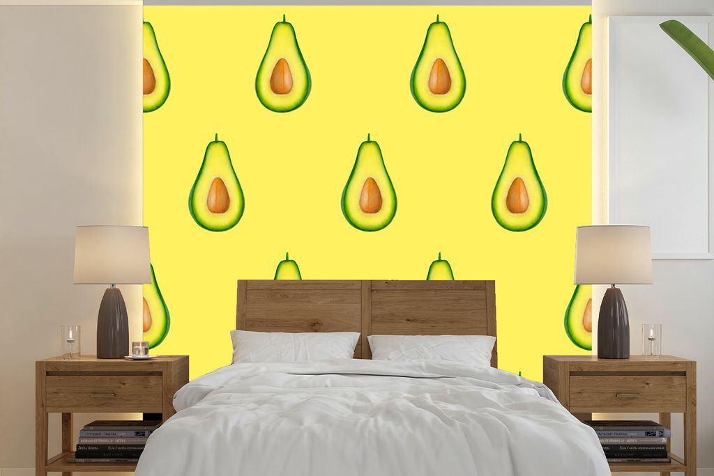 MuchoWow Fototapete für Wohnzimmer oder Schlafzimmer Wandtapete Vinyl Motivtapete Avocado - Muster - Obst - 300x300 cm - Wanddekoration
