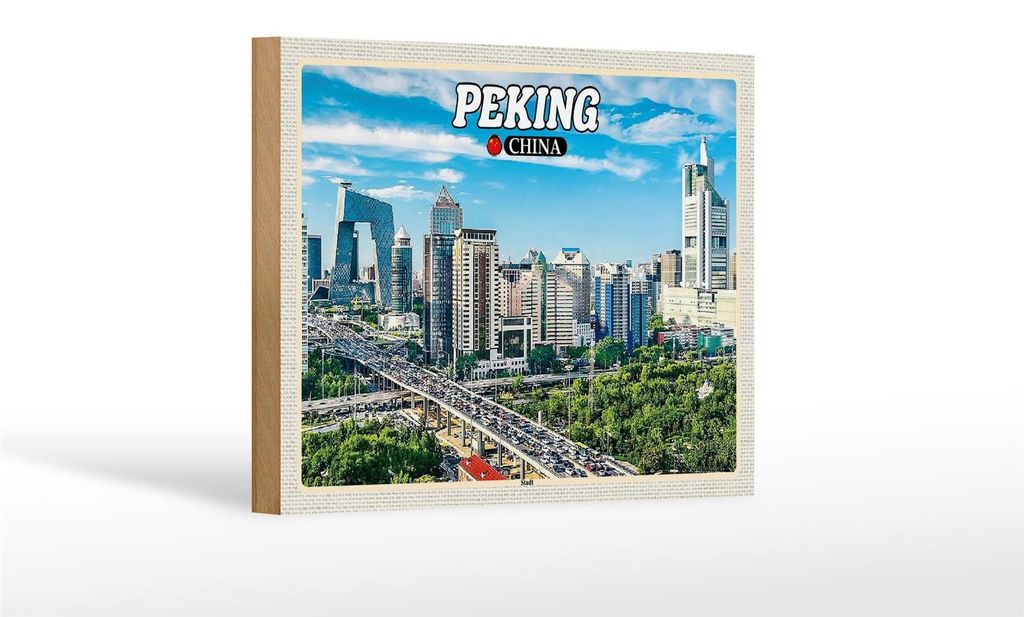 Holzschild Reise 18x12 cm Peking China Stadt Hochhäuser Skyline