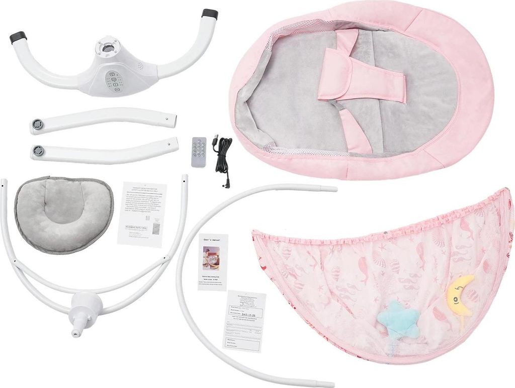 Babywiege mit Schaukelfunktion, einstellbarer Timer & Neigungswinkel, 3-Punkt-Gurt, Fernbedienung & Moskitonetz, Rosa