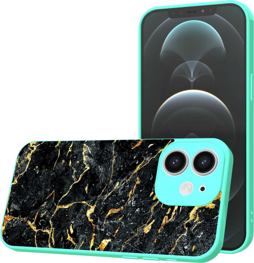Smartphonica Handyhülle geeignet für iPhone 12 mit Schwarz Gold Marmor Print - TPU Back Cover Case Schwarz Gold Marmor Design - Türkis