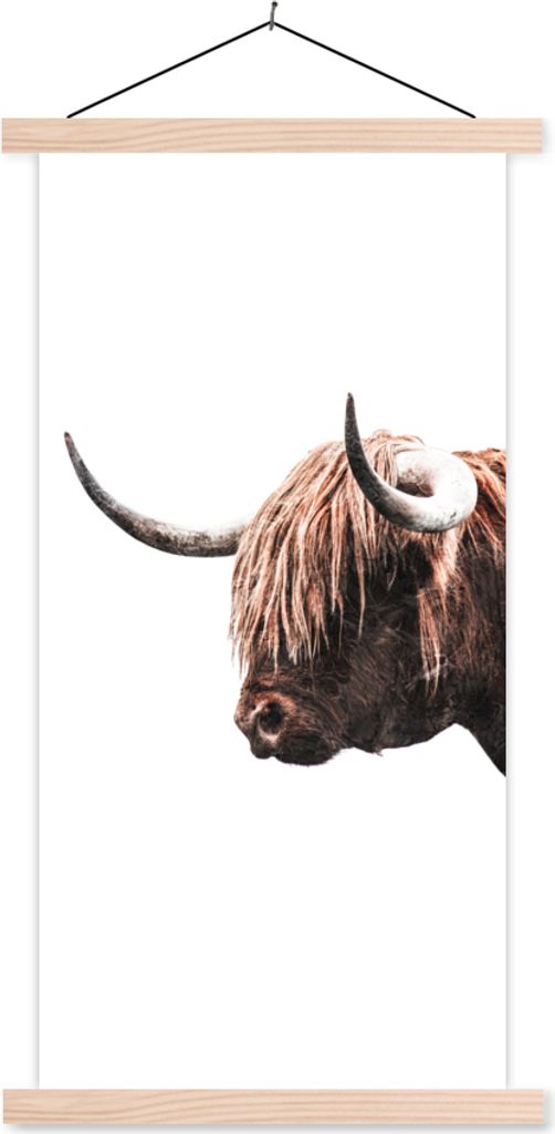 MuchoWow Textilposter Schottisches Hochlandrind - Hoorn - Porträt 40x80 cm mit holzfarbenen Rahmen - Wohnzimmer
