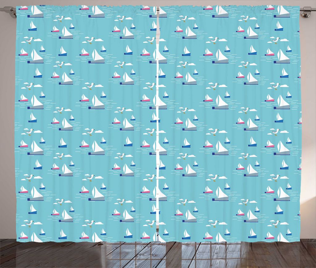 ABAKUHAUS Nautisch Rustikaler Vorhang, Sea Yachts Schwimm Waves, Wohnzimmer Universalband Gardinen mit Schlaufen und Haken, 280 x 225 cm, Hellblau ...