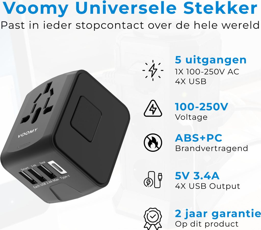 Voomy Reiseadapter Mit 2 USB-C & 2 USB-A + 2 Steckdosen – Klappbar, Kompakt & Feuerfest Für Weltweiten Einsatz