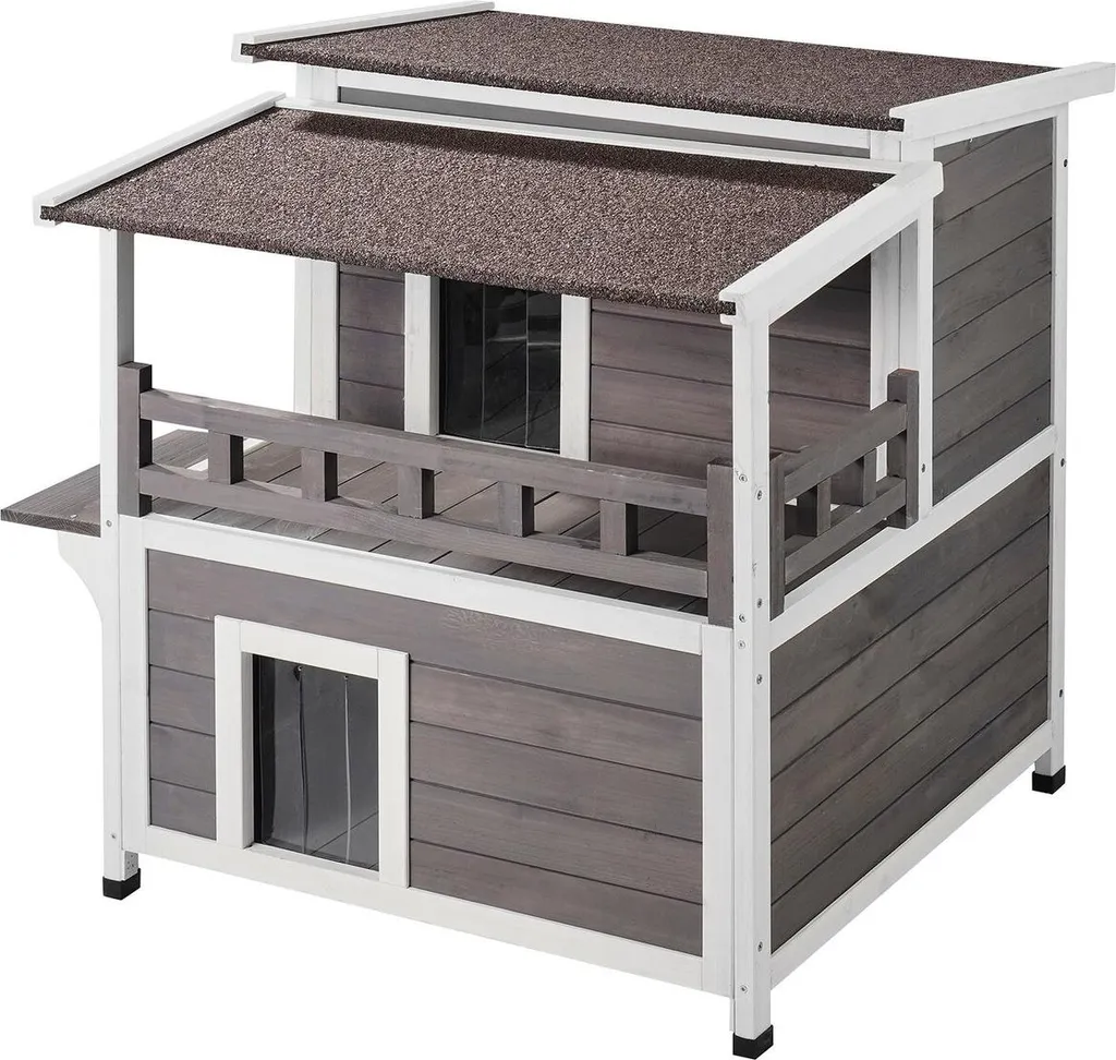 Maison pour chats d'extérieur Abri en bois à deux étages avec balcon
