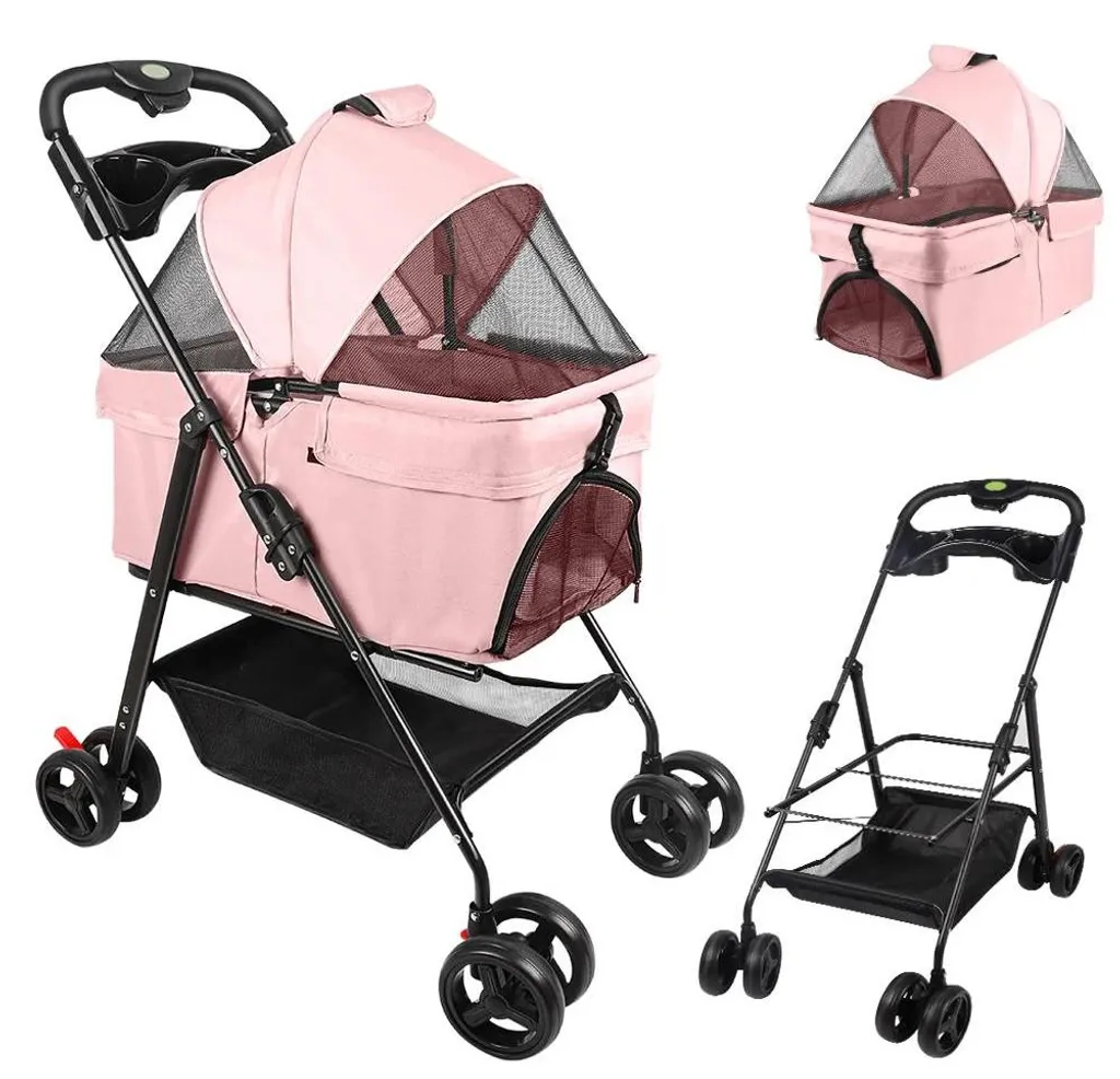 Poussette animaux pliable rose pour transporter chiens âgés ou chats