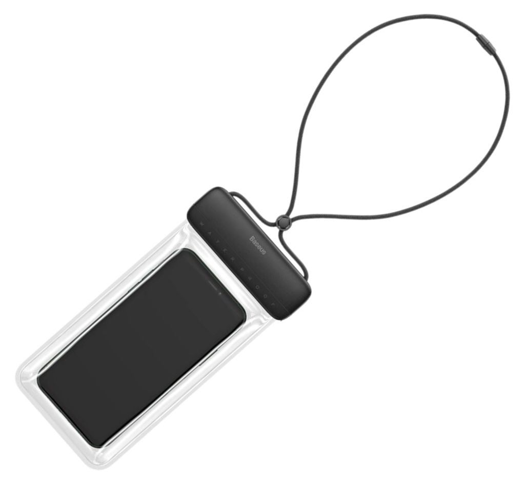 A waterproof phone pouch with a black lanyard, shown against a white background.