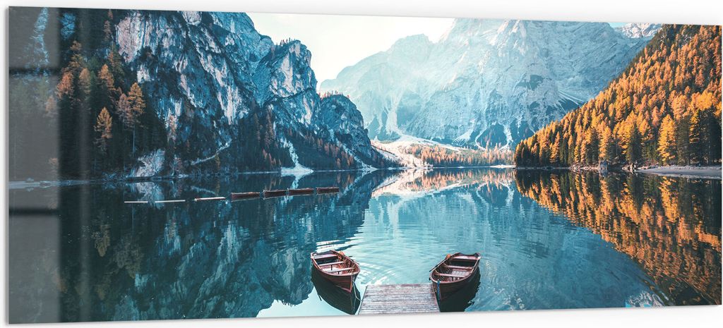 DEQORI Küchenrückwand Glas 125x50 cm 'Blick auf Lago di Braies' Spritzschutz Bad Rückwand