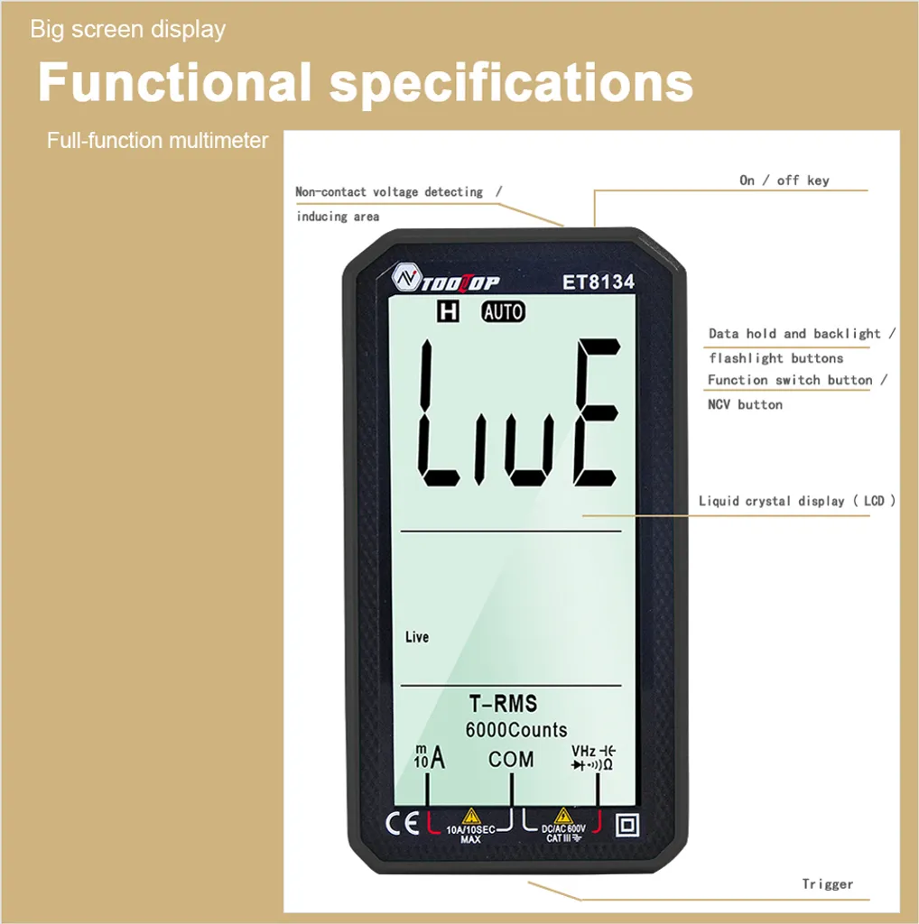 TOOLTOP ET8134 Multimètre Numérique 4,7 Pouces Tension AC/DC et Capacité