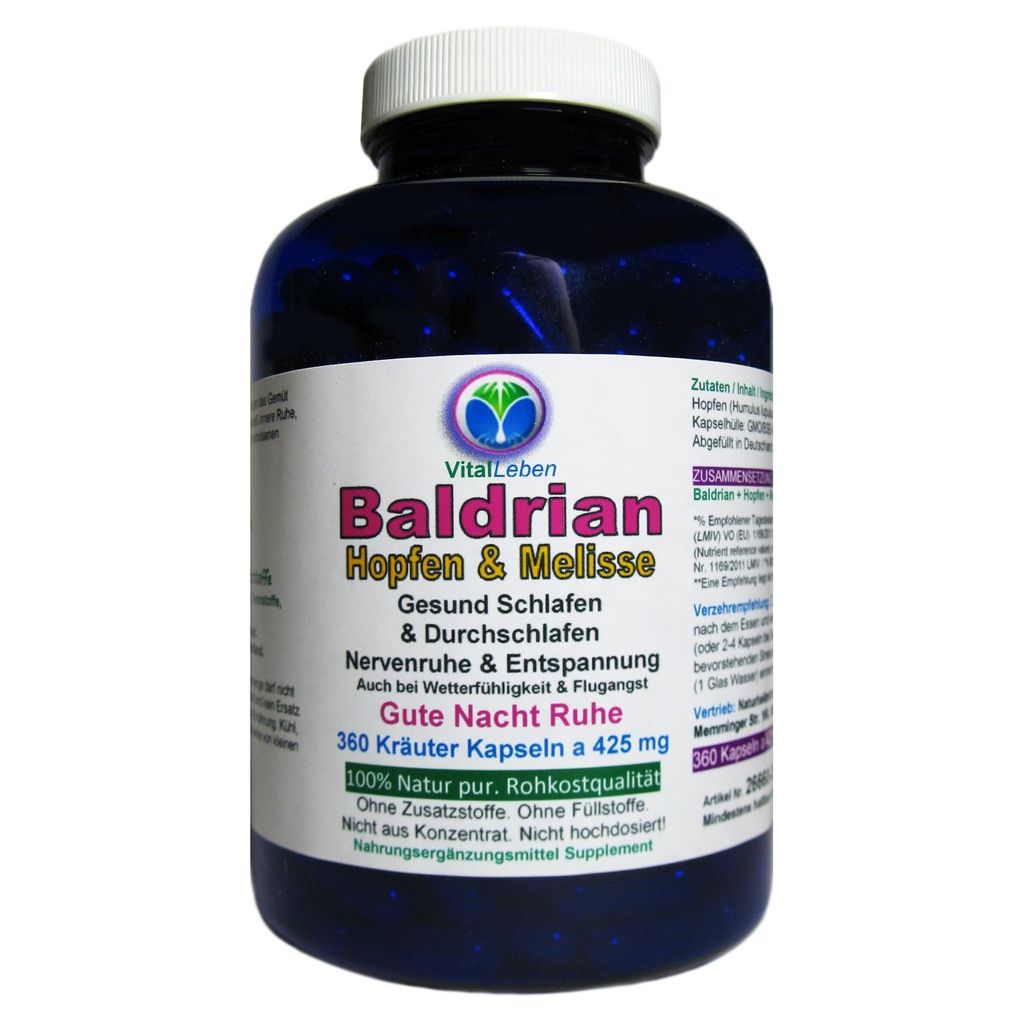 Baldrian Hopfen & Melisse 360 Pulver Kapseln. Nerven Produktbild 