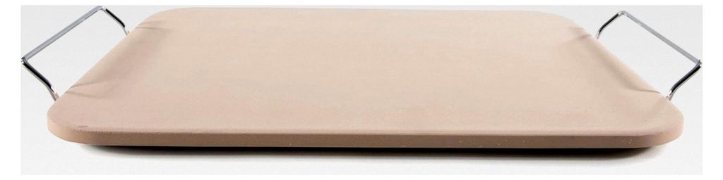 Pizza Steinplatte 38 x 30,5 cm - Eckig - Flammkuchen Pizzaform - Naturfarben - Edelstahl Griffe