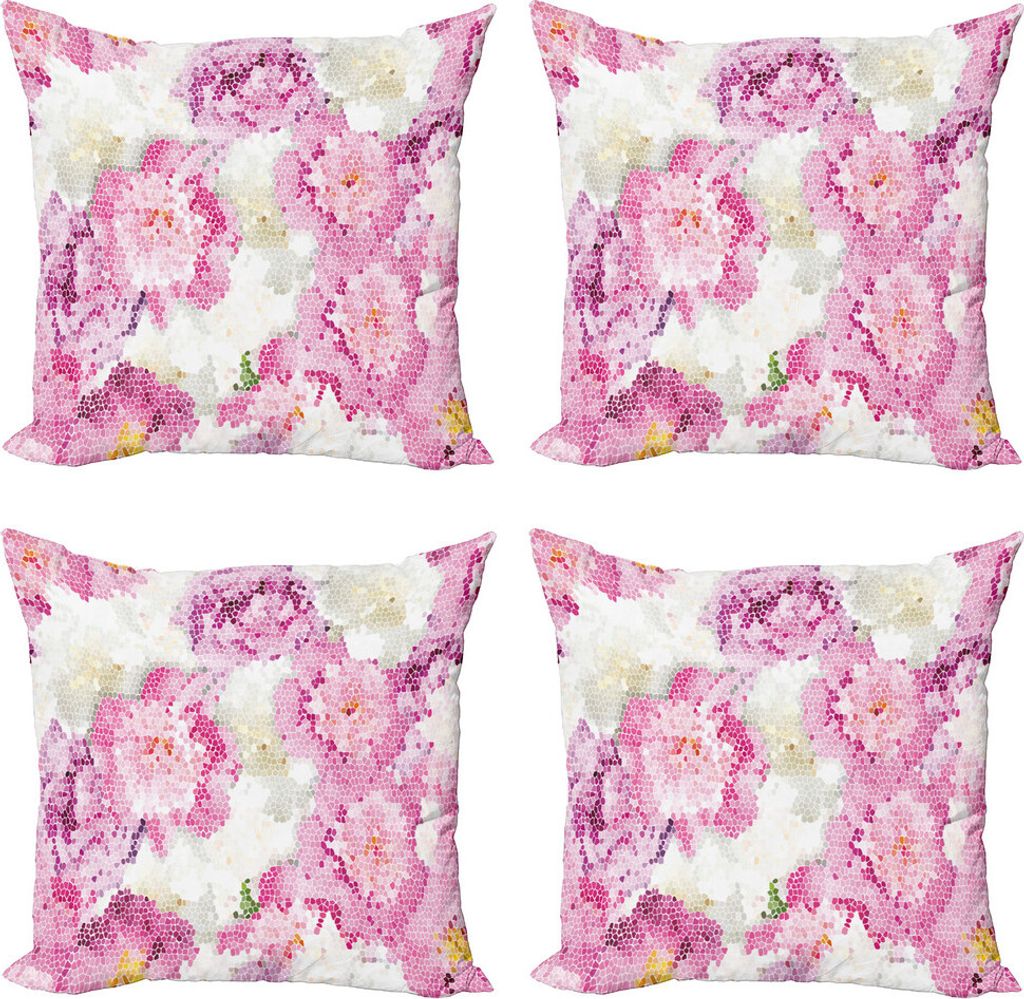 ABAKUHAUS Natur Kissenbezug Set (4 Stück), Mosaik-Pfingstrose-Blumen-Kunst, Moderner Doppelseitiger Digitaldruck, 60 cm x 60 cm, Rosa, Lila, Weiß