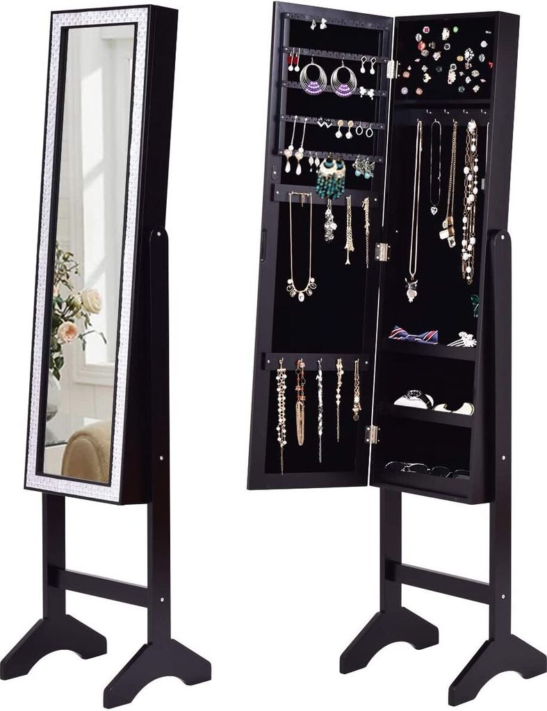 GOPLUS Schmuckschrank mit Standspiegel, Spiegelschrank Makeup Schmuck mit Regal & Kasten, Stehende Schmuckregal mit Bling-Design (Schwarz)