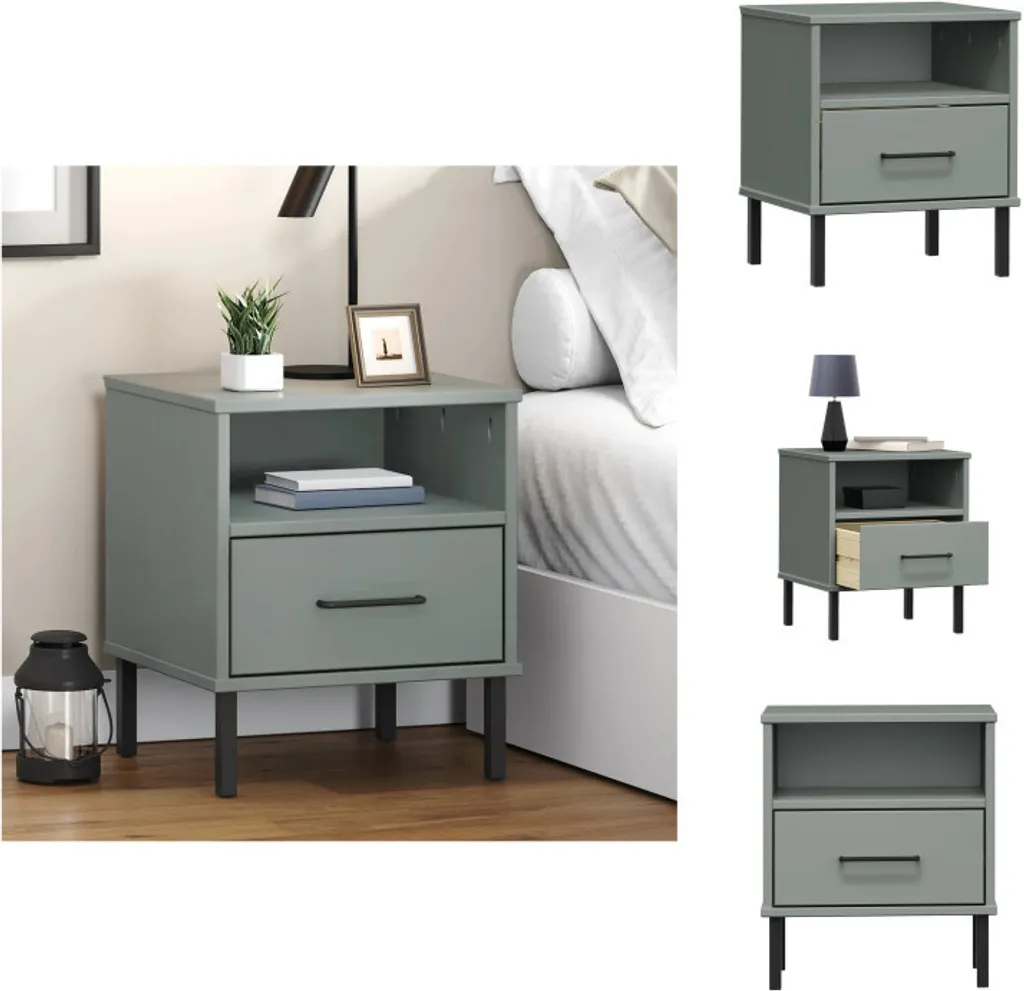 Table de Chevet OSLO en Bois de Pin Gris et Métal pour Chambre Adulte