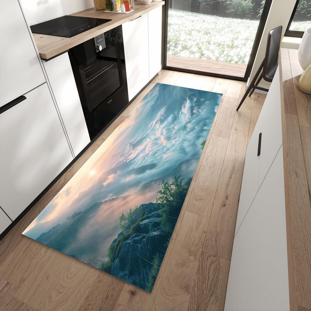 Küchenteppich 90x240cm rutschfest & abwischbar PVC Läufer - Morgennebel in Bergen