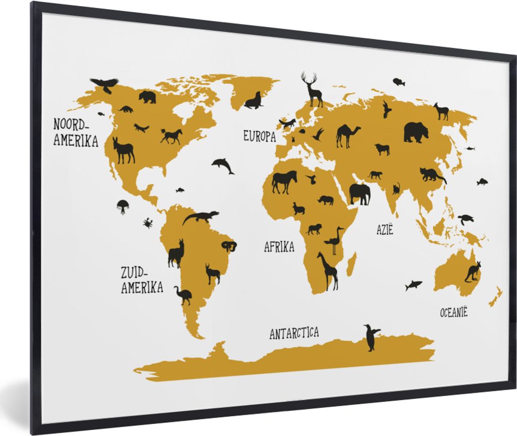 MuchoWow Gerahmtes Poster Weltkarte - Kinder - Gold - Tiere - Kind 30x20 cm - Poster mit Schwarzem Bilderrahmen Wandposter Rahmen Foto Bilder - K...