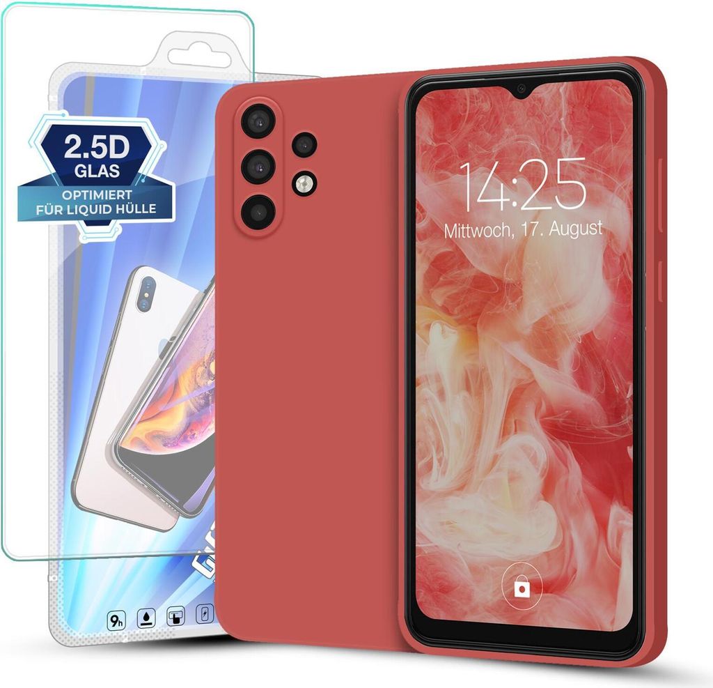 Hülle für Samsung Galaxy A32 5G mit 9H Displayglas Displayschutz Plus Case Cover Bumper Silikon Softgrip Schutzhülle Farbe: Rot