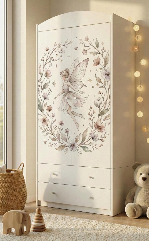 Kinderschrank Weiß modern 2 Türen 2 Schubladen Kleiderschrank Kinderzimmer mit Kleiderstange 88x187 cm, Prinzessin, Zauberin