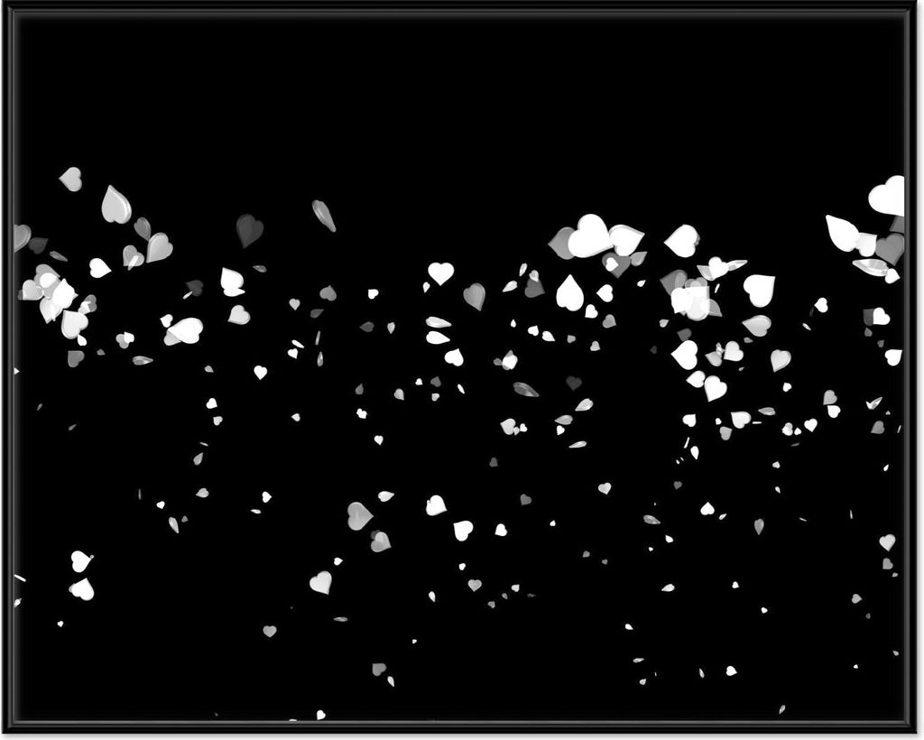 Wallario Wandbild Weiße Konfetti-Herzen vor schwarzem Hintergrund, Größe: 40,30 x 50,30 cm, Poster mit schwarzem Aluminiumrahmen