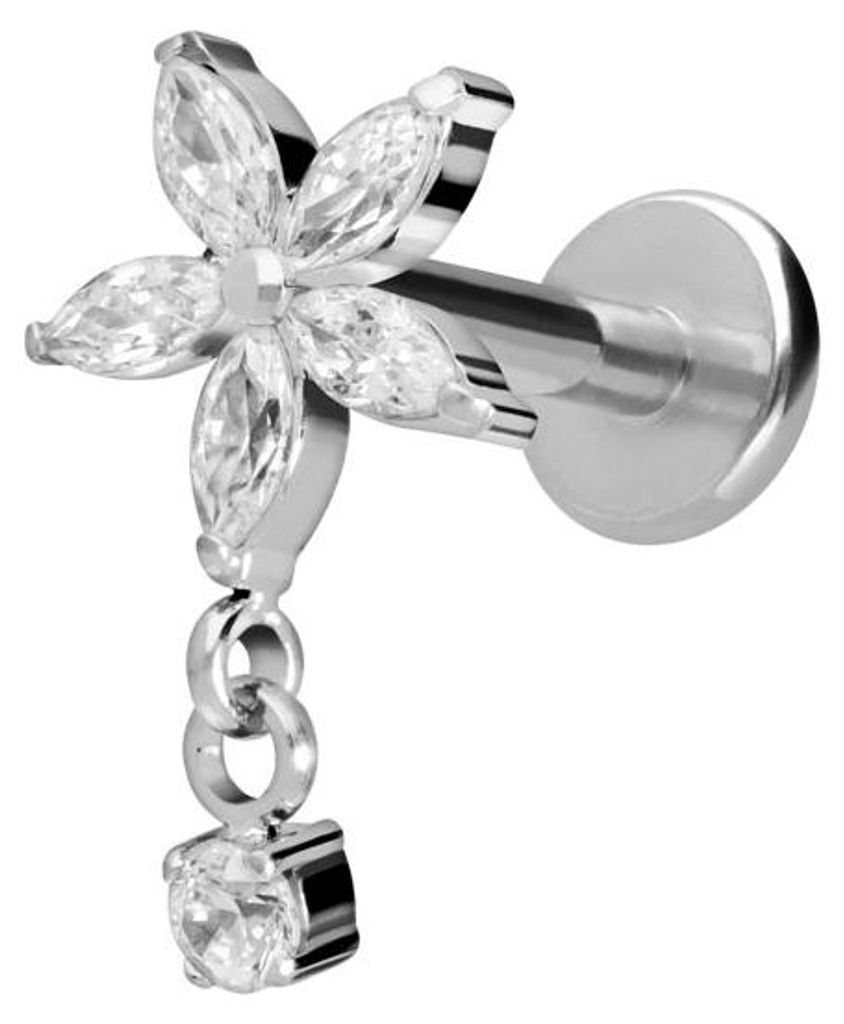 Ohrpiercing, Nasenpiercing Titan Labret mit Innengewinde KRISTALLBLUME + KRISTALL Silber Stablänge: 6mm | Stabstärke: 1,2mm