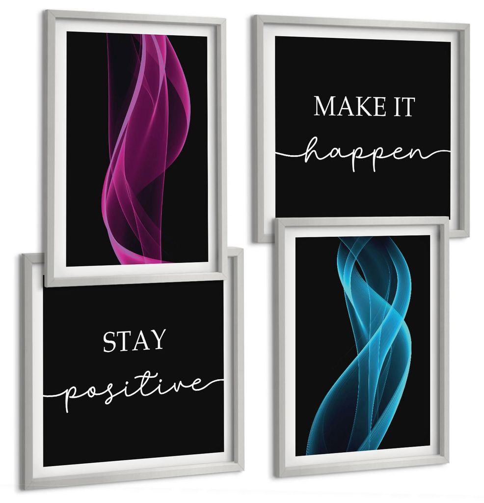 Bilder Set 4-teilig im silbergerahmten Rahmen – Wandbilder 4 Stück – gerahmte Poster für Wohnzimmer, Schlafzimmer und Flur – 50x50 cm - 40x...