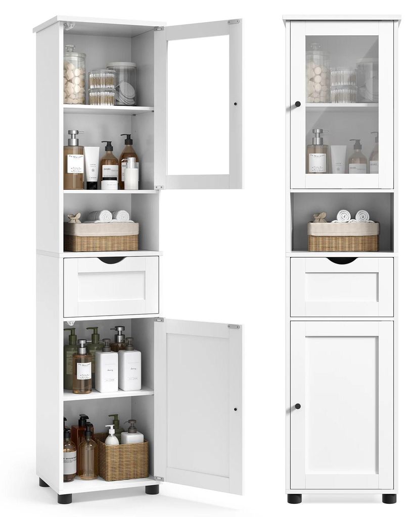 Badezimmerschrank - Hochschrank - Offenes Fach - Höhenverstellbare Einlegeböden - Mit Füßen - Holzrahmen - Freistehend - Montage erforderlich -...