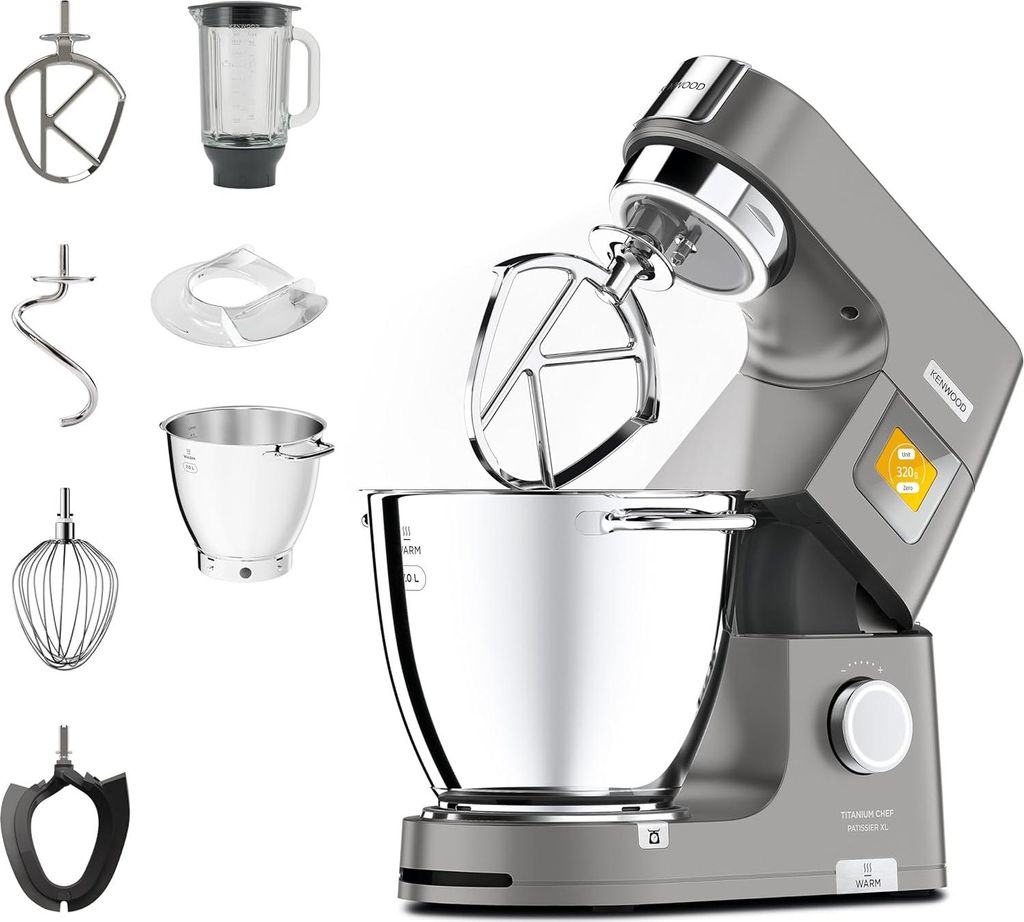 Kenwood Titanium Chef Patissier XL KWL90.034SI – Küchenmaschine mit integrierter Waage & 7 L Rührschüssel Wärmefunktion, 1400 Watt, inkl. 4-t...