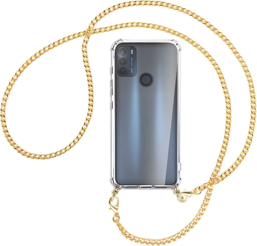 Handykette Backcover-Schutzhülle mit Band (Metall goldfarben) für Motorola Moto G50 (XT2137) - goldfarbene Kette