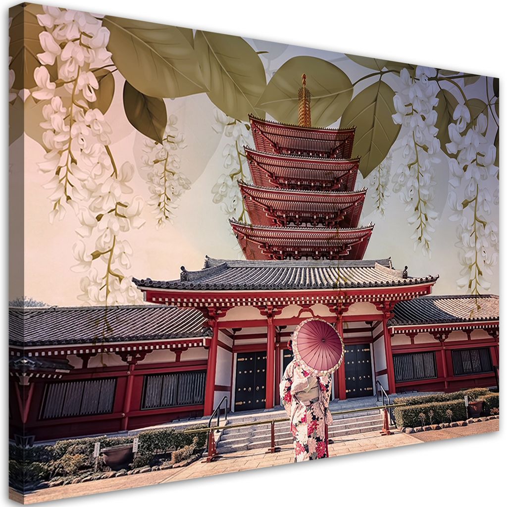 Leinwandbild Japanische Geisha und Tempel 120x80 Feeby Rot bild für die wand bereit zum aufhängen