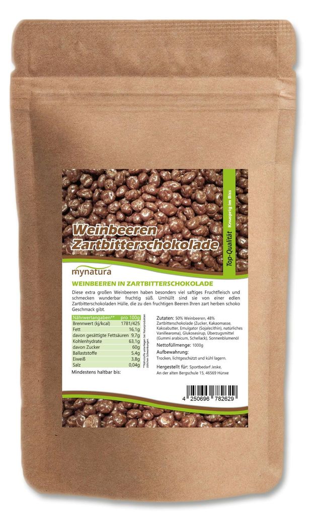 Mynatura Weinbeeren in Zartbitterschokolade – 1kg Beutel Produktbild 