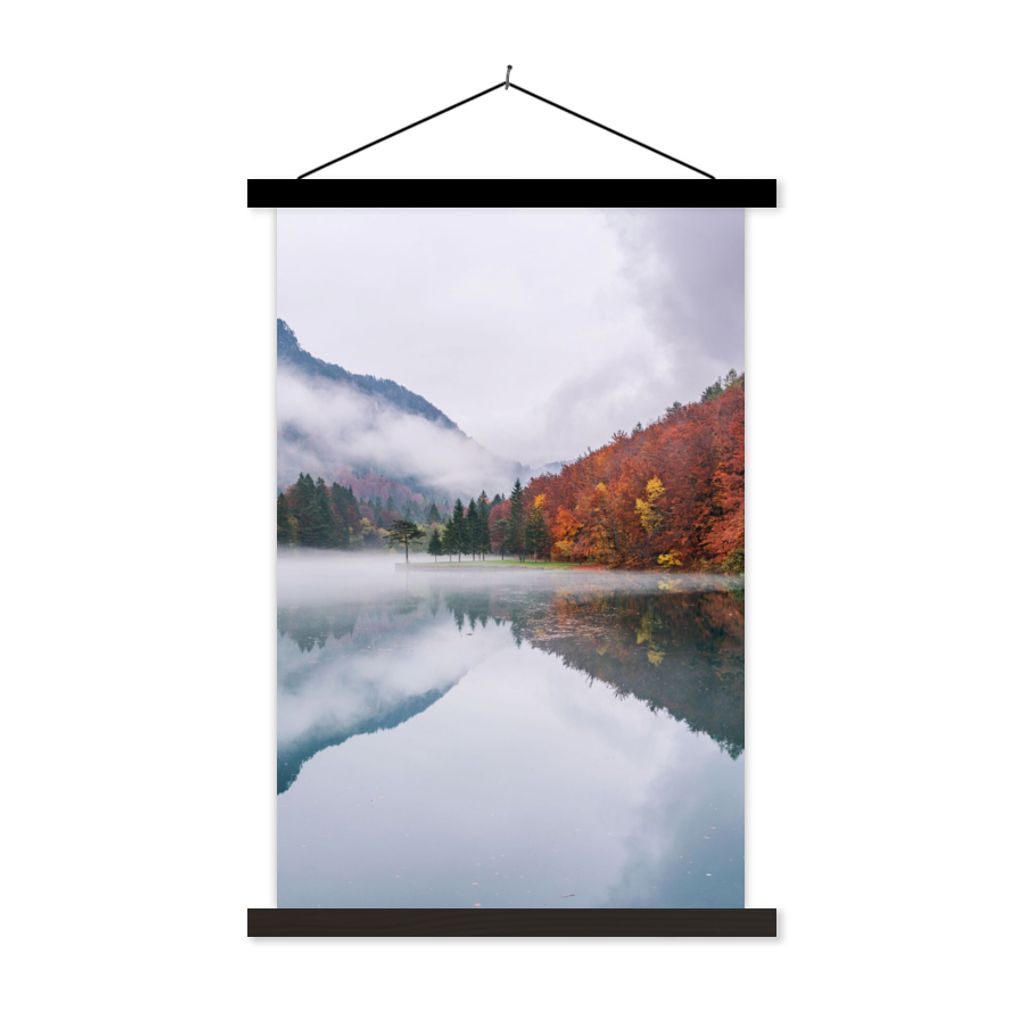 MuchoWow Textilposter Herbst - Nebel - Wasser - Landschaft 60x90 cm mit schwarzem Rahmen - Poster Wohnzimmer