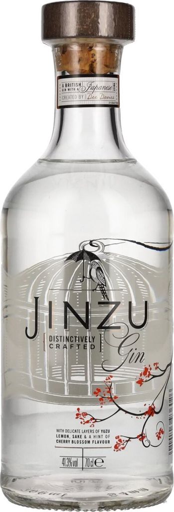 A clear studio shot of a bottle of Jinzu Gin.
