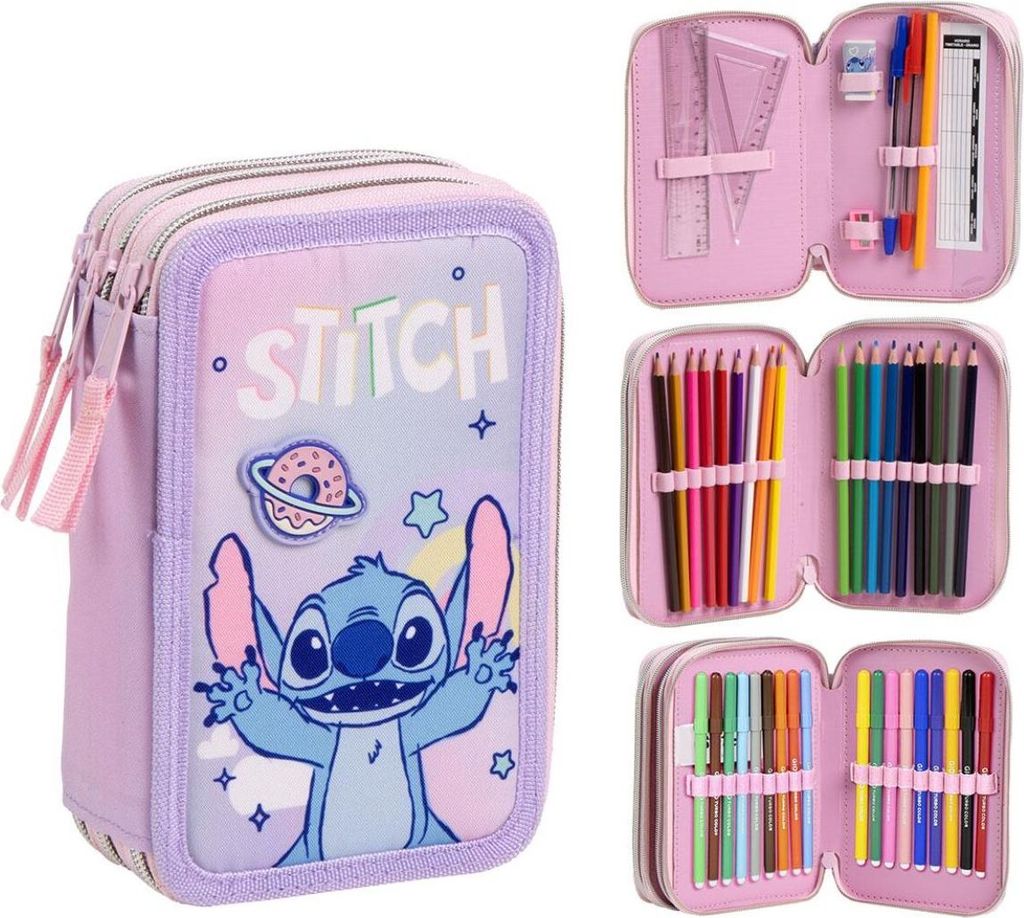 A collage of a Disney Stitch pencil case and its contents.