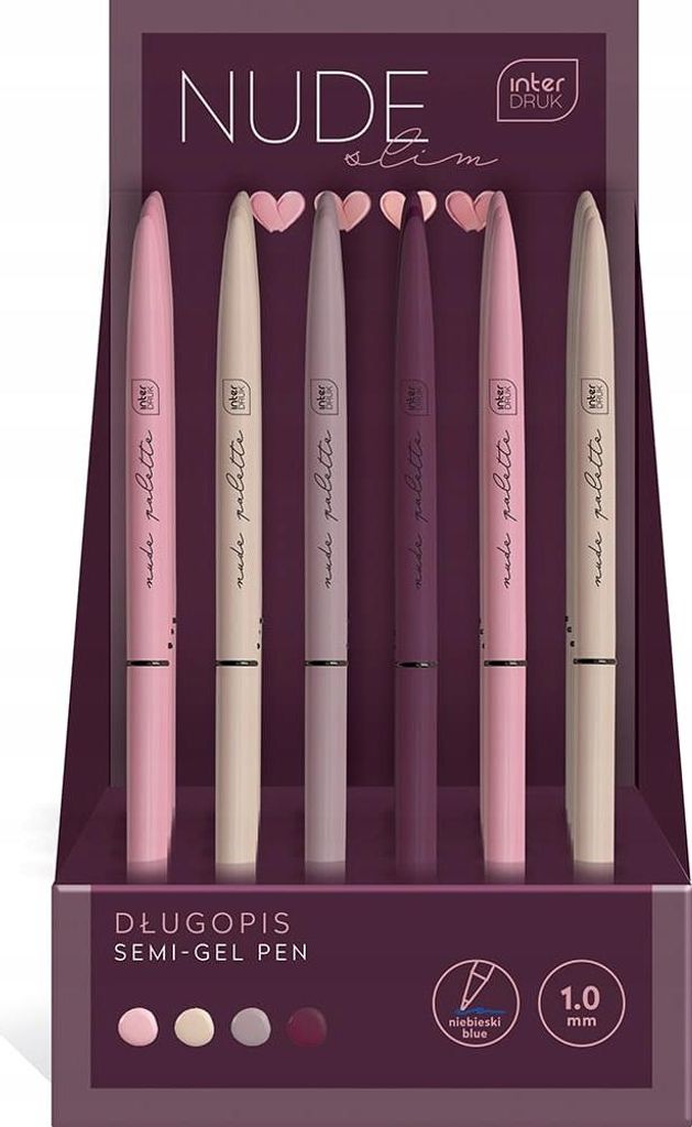 A display box containing six semi-gel pens in various nude shades.