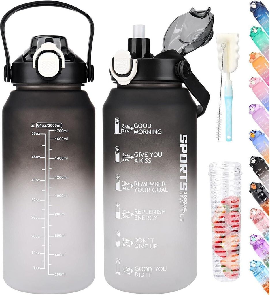 2 Liter Trinkflasche Mit Strohhalm – BPA-frei, Motivierende Zeitmarkierung, Für Sport & Outdoor