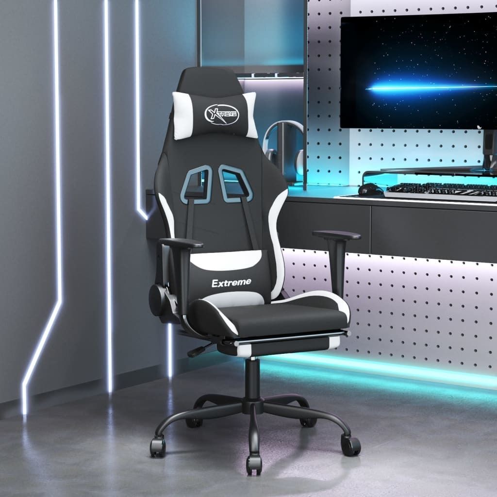 The Living Store Gaming-Stuhl mit Fußstütze Schwarz und Weiß Stoff