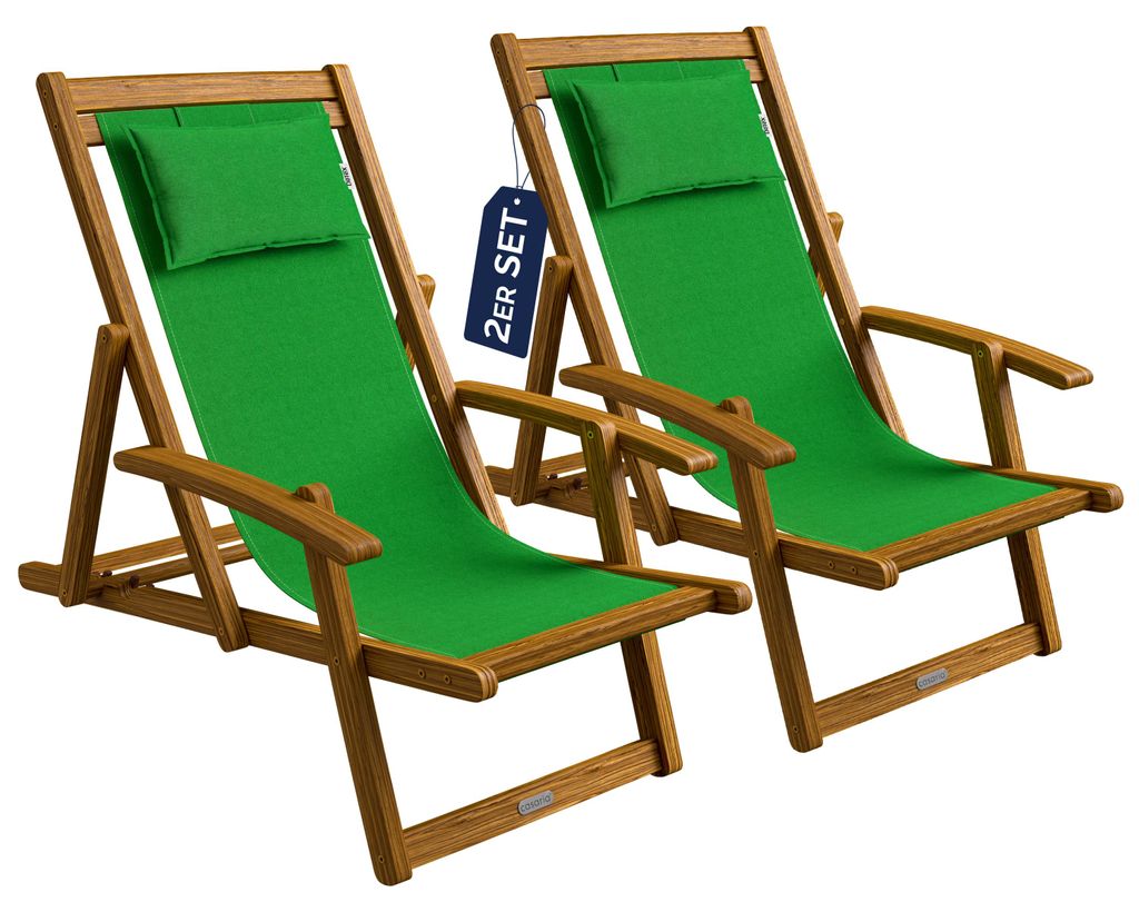 CASARIA Sonnenliege 2er Set Holz Wetterfest Klappbar Verstellbar bis 160kg Gartenliege Outdoor Liegestuhl mit Nackenkissen & Armlehnen für Garte...