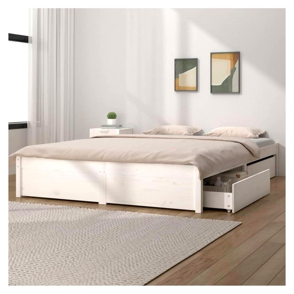 Bett mit Schubladen aus massivem Holz, Bettgestell Doppelbett 200x200cm in Weiß