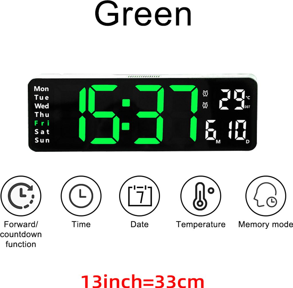 Große digitale LED-Wanduhr, Fernbedienung, Temperatur, Datum, Wochenanzeige, Speichertabelle, an der Wand montiert, zwei elektronische Wecker, 13 ...